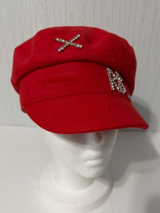 Red Newsboy Baker Boy Hat Rhinestone Embellished Fashion Cap Chic Style